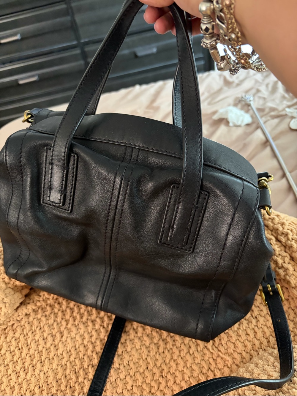 Black Fossil Leather Women's Satchel Bag